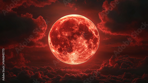 A surreal image of a large red moon. A blood moon surrounded by dark clouds.