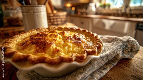 Wallpaper Mural A freshly baked savory pie sits on a wooden counter, cooling in the warm glow of natural light. The kitchen features a cozy, rustic ambiance with various kitchen tools in the background Torontodigital.ca
