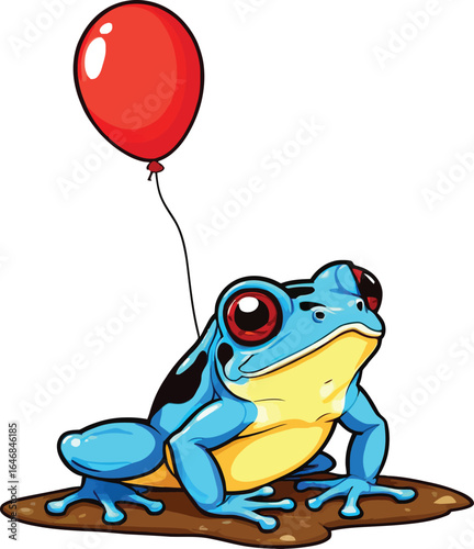 Cartoon Blue Frog With Red Balloon Whimsical Animal Vector Illustration For Childrens Art Invitations And Decorative Elements