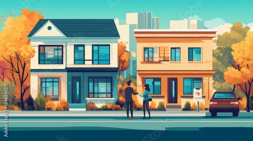 Couple shaking hands in front of two houses on a suburban street in autumn.
