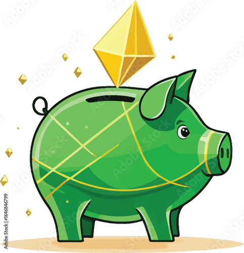 Cartoon Green Piggy Bank With Gold Diamond Savings Financial Security Concept Vector Illustration For Posters And Website Graphics