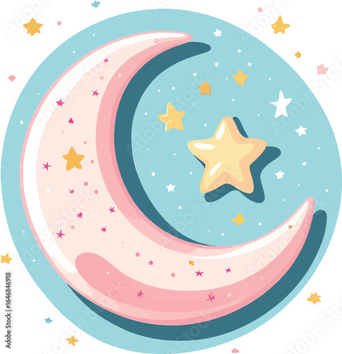 Dreamy Crescent Moon And Stars Illustration Cute Cartoon Style Night Sky Design For Childrens Decor Nursery Art And Bedtime Story Illustrations