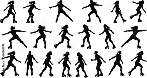 Dynamic rollerblading silhouettes in various poses, showing movement and active lifestyle, perfect for sports and fitness themes.