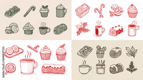 Hand-drawn winter drinks and Christmas treats including hot cocoa, cupcakes, cookies, and holiday pastries in cozy seasonal illustration style.