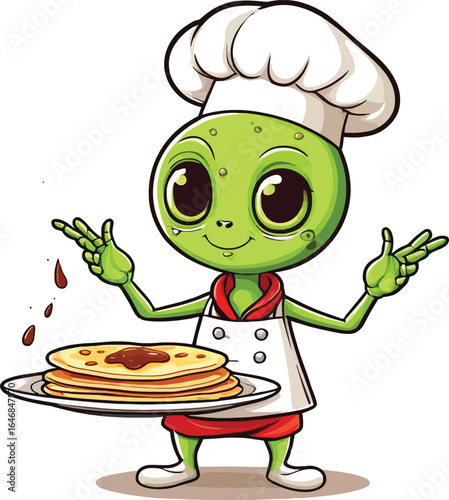 Cartoon Alien Chef With Pancakes Whimsical Character Illustration For Childrens Content And Culinary Projects Vector Art