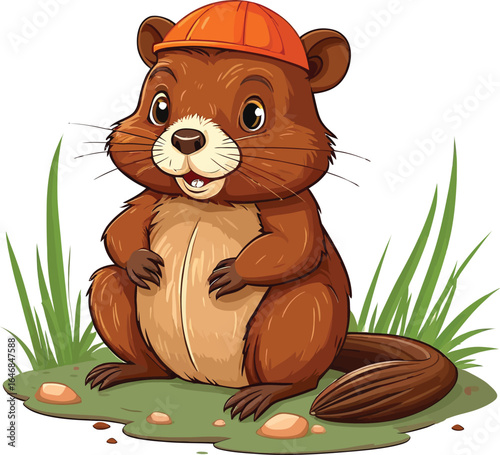 Cute Cartoon Beaver Wearing Hard Hat Cheerful Animal Illustration For Childrens Books And Educational Materials Vector Design