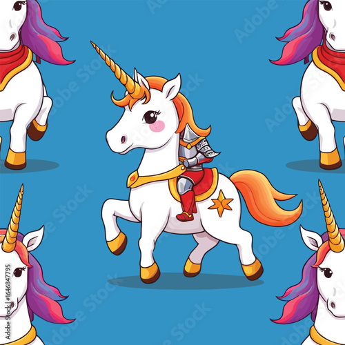 Cute Cartoon Unicorn Knight Pattern For Childrens Illustration Seamless Wallpaper Design With Fantasy Theme Ideal For Kids Products And Apparel Featuring Pastel Colors And Playful Design