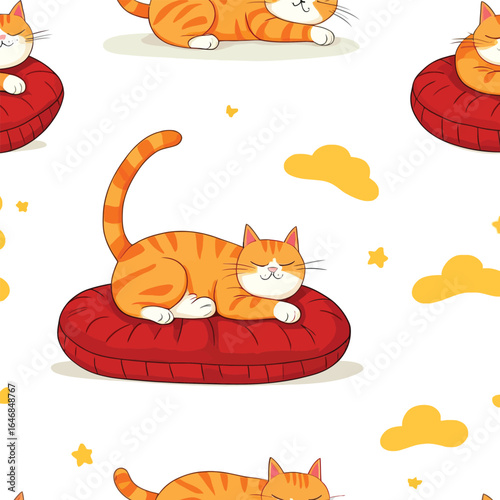 Seamless Cartoon Cat Pattern Playful Orange Tabby Cats Sleeping On Red Cushions With Yellow Clouds And Stars For Childrens Decor And Textile Design Vector Illustration