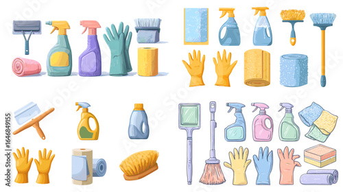 Colorful cleaning supplies illustration set with spray bottles, gloves, sponges, brushes, and tools, perfect for hygiene, housekeeping, and janitorial themes.