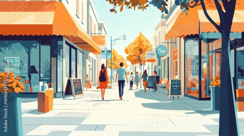 Couple strolling down a sunny, tree-lined shopping street with various shops and people enjoying the day.