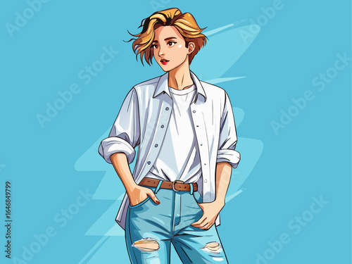 Casual white linen shirt with rolled-up sleeves, styled with light blue ripped jeans for a relaxed summer look
