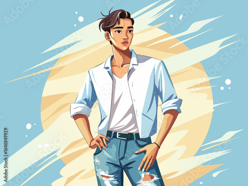 Casual white linen shirt with rolled-up sleeves, styled with light blue ripped jeans for a relaxed summer look