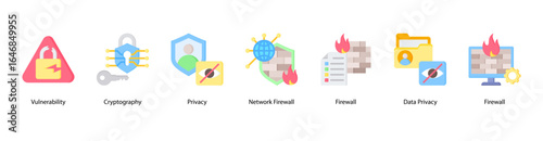 Cryptographic Defense web banner icon vector illustration featuring Vulnerability, Cryptography, Privacy, Network Firewall, Firewall, Data Privacy, and Firewall.