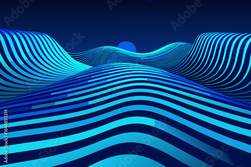 Dynamic blue wave patterns create a mesmerizing abstract landscape with a subtle sun.