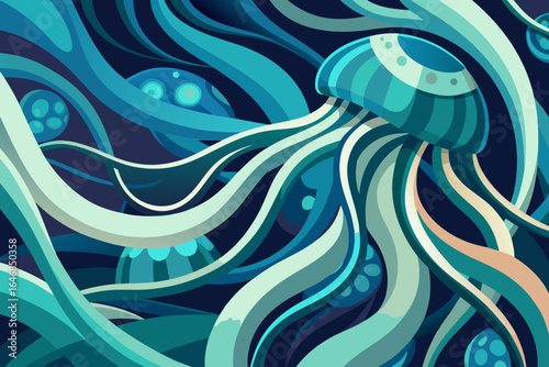 Vibrant abstract underwater scene with flowing tentacles and mesmerizing jellyfish in deep blue hues