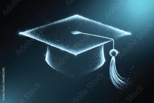 A digital illustration of a graduation mortarboard hat rendered in a particle art style