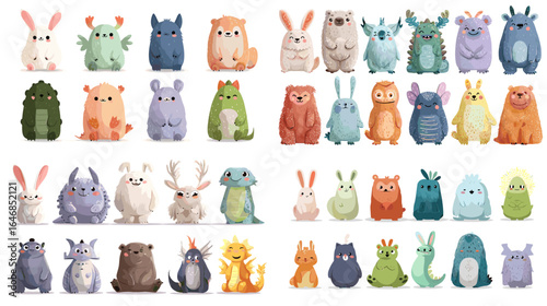 Adorable collection of cartoon animal characters including rabbits, bears, dragons, and fantasy creatures, isolated on white background for kids and design projects.
