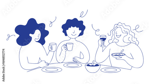 Blue Line Art Three Friends Enjoying Coffee, Wine, and Food at a Table