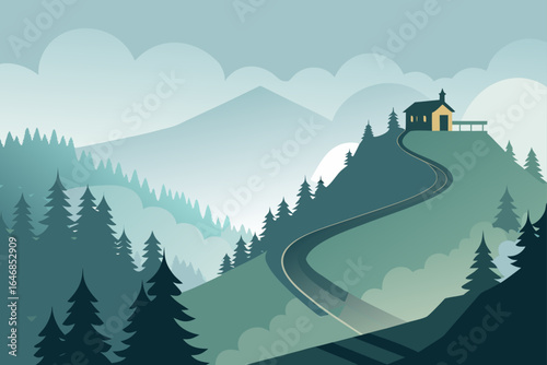 Serene mountain landscape with a winding road leading to a small house on a hilltop
