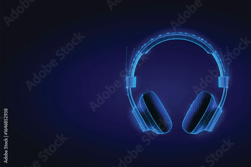 A digital illustration of a pair of glowing blue headphones on a deep blue background