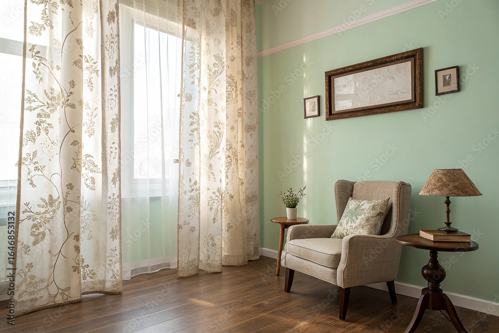 Fototapeta premium Beige armchair with floral curtains and lamp wooden floor