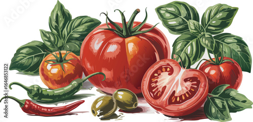 Colorful Still Life with Tomatoes, Basil, Chili Peppers, and Olives on White Surface