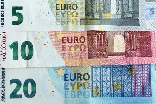 European currency, 5-10-20 euro banknotes horizontal arrangement