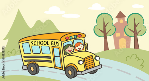 School bus with children driving toward the school 