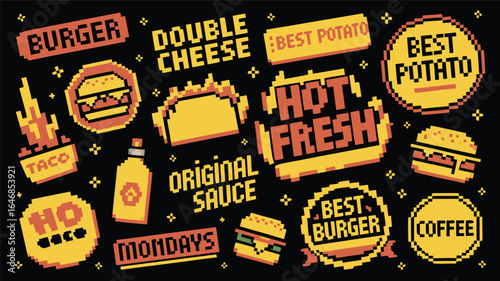 Retro Pixel Art Fast Food Collection Burgers, Tacos, Potatoes, Coffee and Original Sauce Graphics