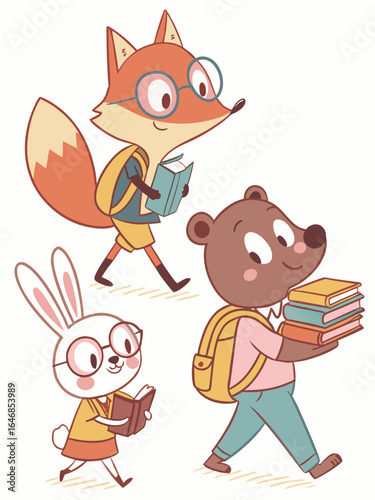 Cute animal students carrying books illustration