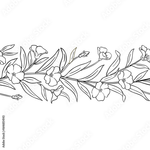 Flax Branch with Flowers and Leaves Outline Horizontal Seamless Pattern. Organic natural nutritional healthy food ingredient, vegetarian diet product. Vector isolated for design or decoration.