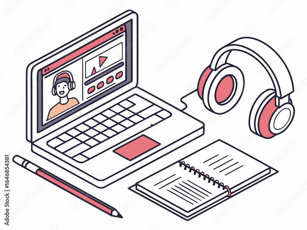 Online learning, laptop, headphone, notebook and pen icon set Online learning, laptop, headphone, notebook and pen icon set