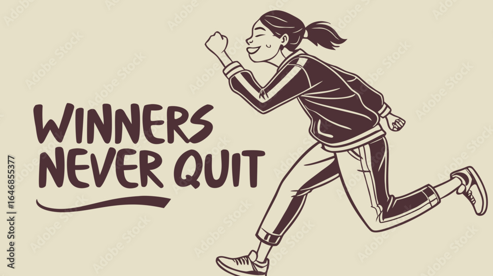 Fototapeta premium Energetic runner girl with inspirational quote on beige background 