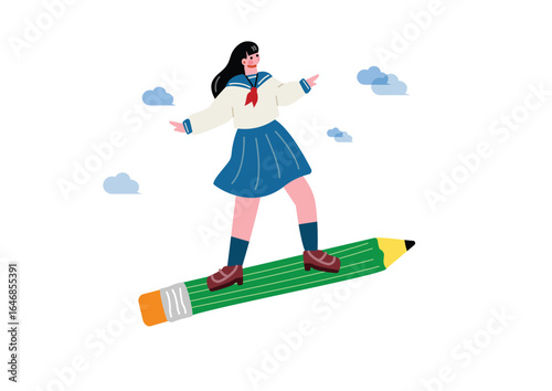 鉛筆に乗って飛び立つ女子高生