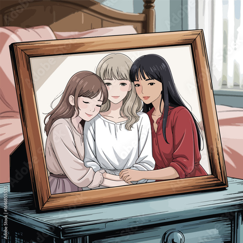photo frame of Three young women embrace in a framed photograph