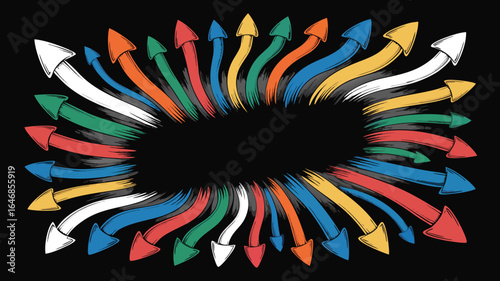 Momentum Illustration with Colorful Arrows Radiating Outward on Black Background Design Element