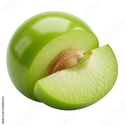 Fresh green plum cut in half showing seed and slice isolated on transparent background