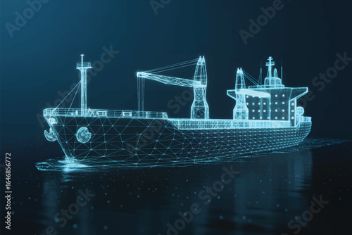  A holographic wireframe rendering of a cargo ship on a deep blue background