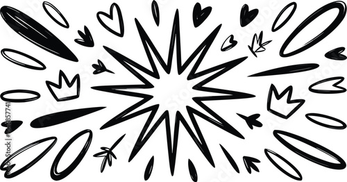 Black and White HandDrawn Doodle Set Featuring Burst, Hearts, Crowns, Leafs, and Oval Shapes