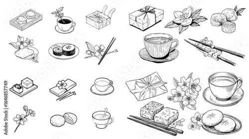 Elegant black and white line art of Japanese tea, sushi, and gift boxes with floral details, isolated for traditional and cultural design projects.