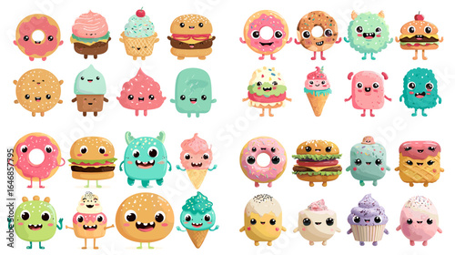Fun cartoon collection of donuts, burgers, ice creams, and cupcakes with adorable monster faces, colorful dessert characters isolated on white.