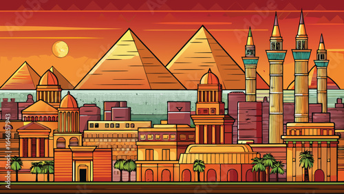 Artistic depiction of an Egyptian city at sunset, featuring warm hues and iconic structures against a fading light.