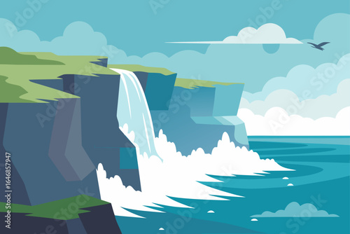 Stylized flat illustration of a waterfall cascading over cliffs into the ocean