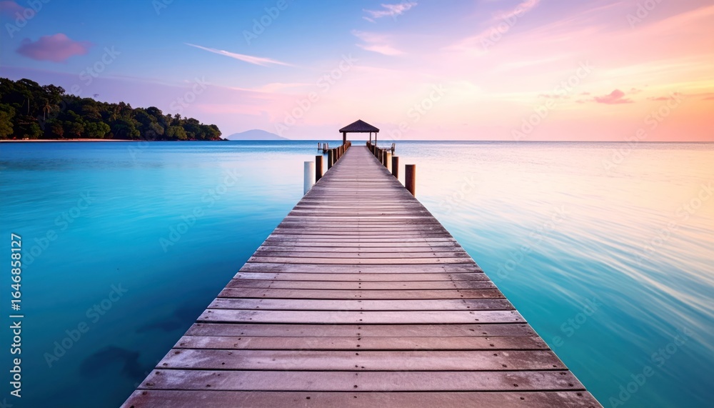 Fototapeta premium Wooden Pier Over Crystal Sea at Sunset with Tropical Paradise.