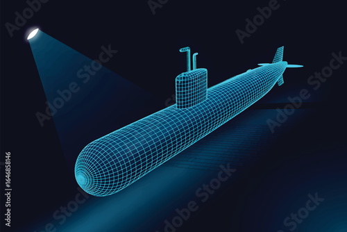 A wireframe 3D model of a submarine rendered in bright cyan wireframe lines on a blue background