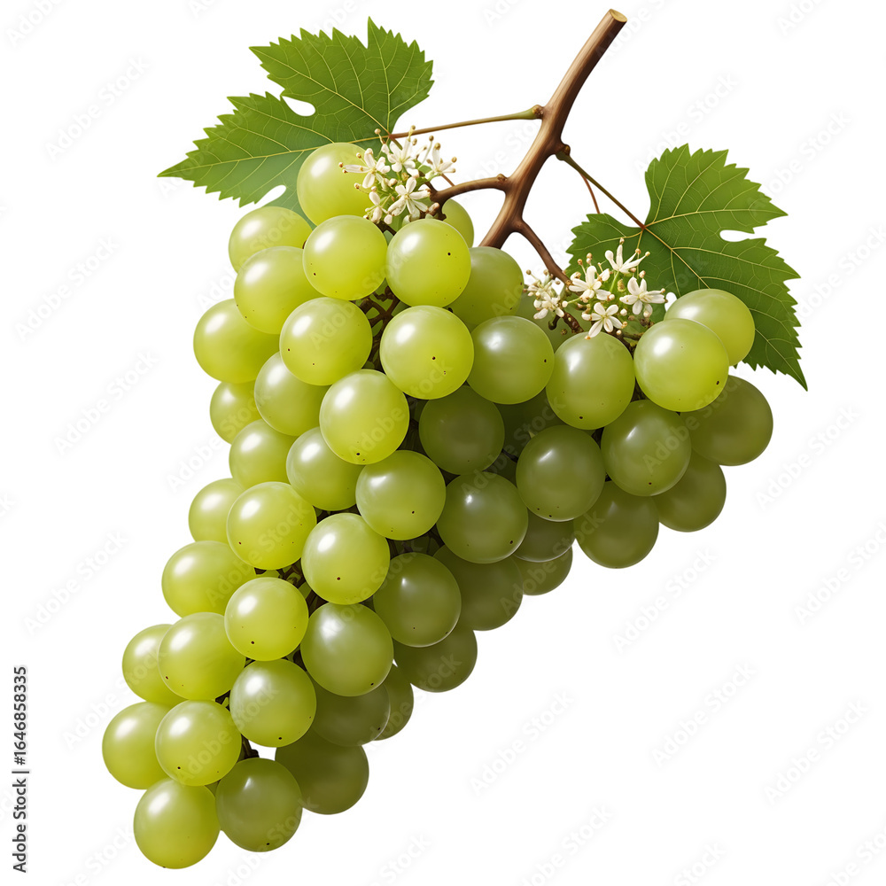 A ripe bunch of green grapes with leaves and a stem isolated on transparent background A ripe bunch of green grapes with leaves and a stem isolated on transparent background