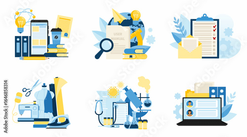 Business illustrations. The concept of working with staff, accounting, sewing workshop, medical laboratory, libraries and databases. A set of vector illustrations in a flat style