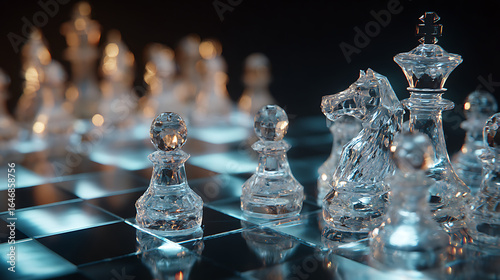 Stunning crystal chess pieces poised for strategic battle, embodying intellect, competition, and sophisticated decision-making for modern business and gaming themes.