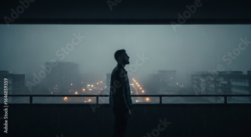Man standing on balcony in rainy weather looking at city