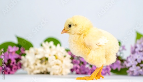 Fluffy yellow chick standing amidst vibrant lilac blossoms